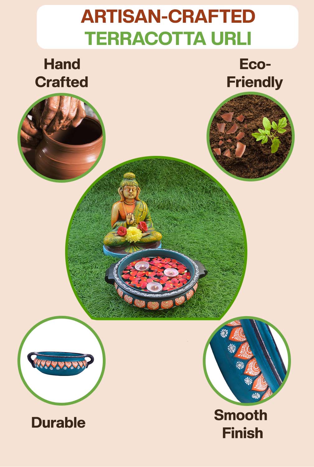 Artisan-crafted terracotta urli placed with a Buddha statue, highlights its handcrafted, eco-friendly, durable, and smooth-finish features for mindful home décor.