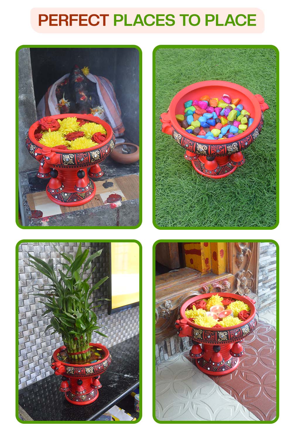 Creative ways to decorate with a terracotta urli used with candles, pebbles, flowers, and plants at home entrances, pooja rooms, and garden spaces.