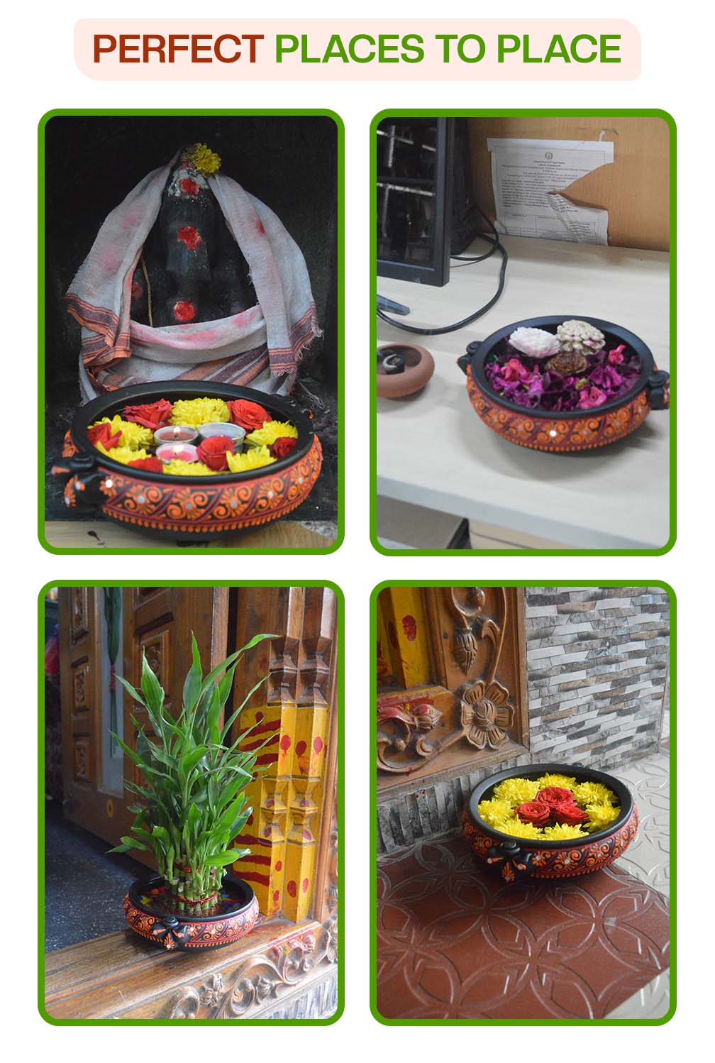 Creative ways to decorate with a terracotta urli used with candles, pebbles, flowers, and plants at home entrances, pooja rooms, and garden spaces.