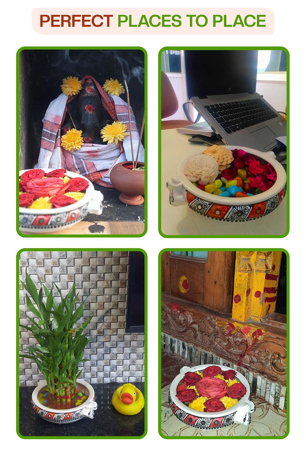 Creative ways to decorate with a terracotta urli used with candles, pebbles, flowers, and plants at home entrances, pooja rooms, and garden spaces.