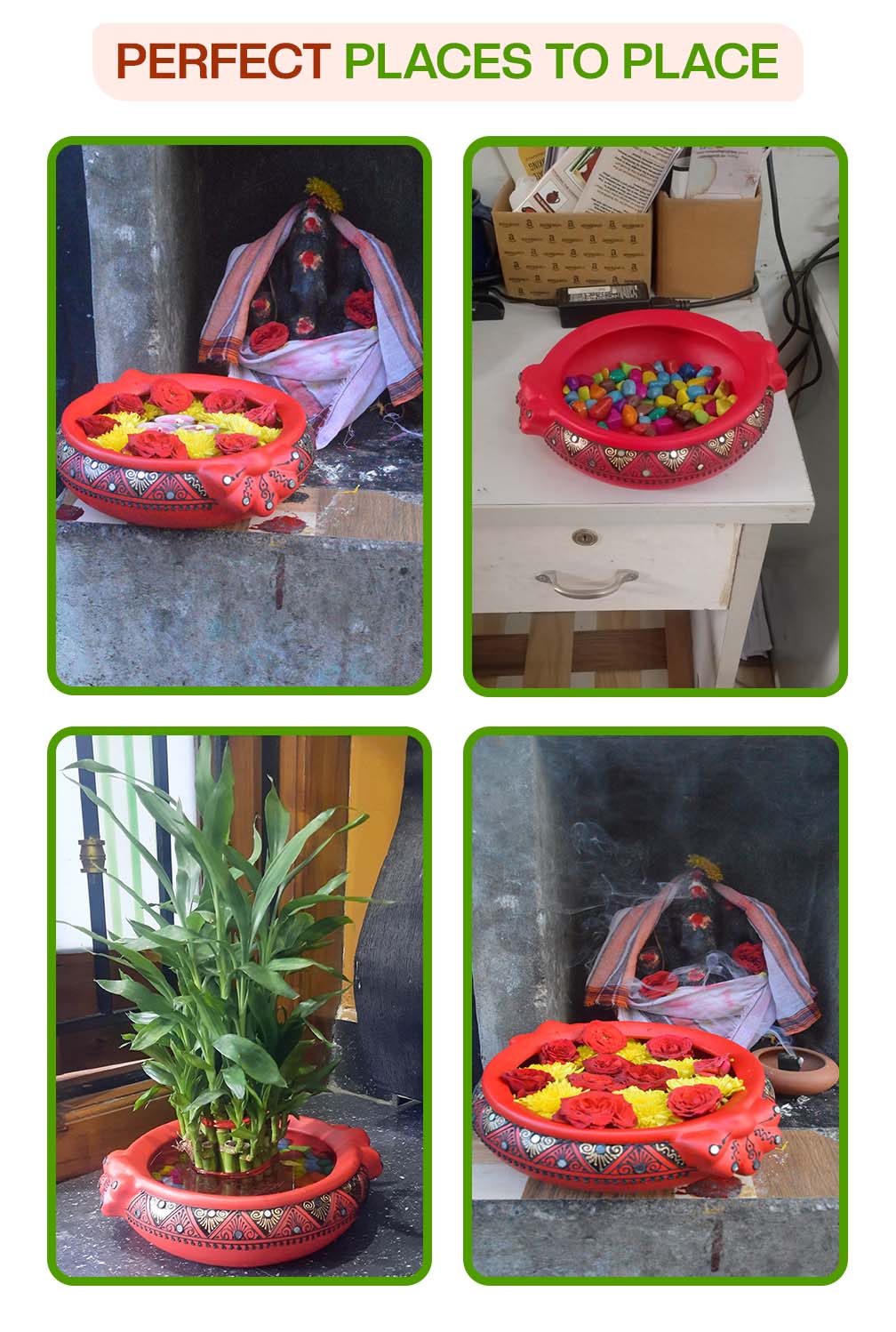 Creative ways to decorate with a terracotta urli used with candles, pebbles, flowers, and plants at home entrances, pooja rooms, and garden spaces.