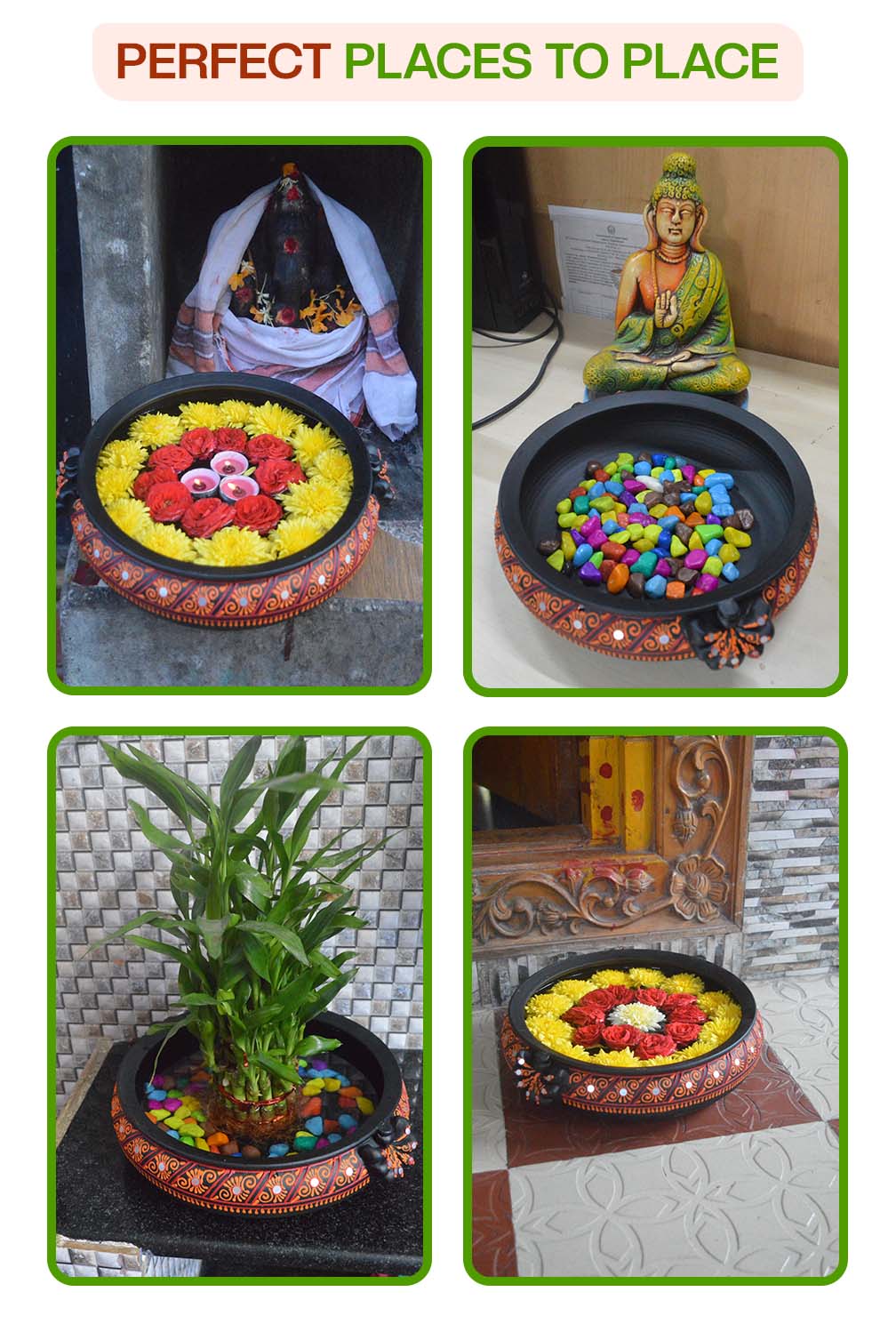 Creative ways to decorate with a terracotta urli used with candles, pebbles, flowers, and plants at home entrances, pooja rooms, and garden spaces.