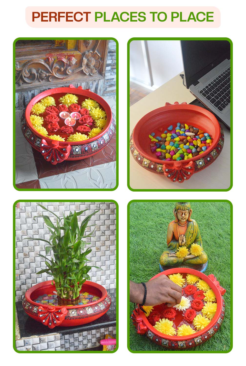 Creative ways to decorate with a terracotta urli used with candles, pebbles, flowers, and plants at home entrances, pooja rooms, and garden spaces.