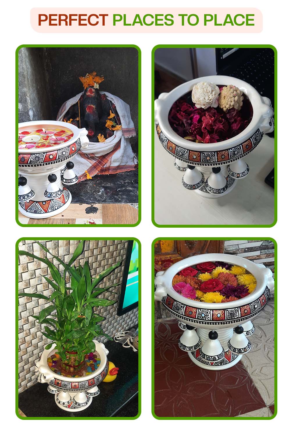 Creative ways to decorate with a terracotta urli used with candles, pebbles, flowers, and plants at home entrances, pooja rooms, and garden spaces.