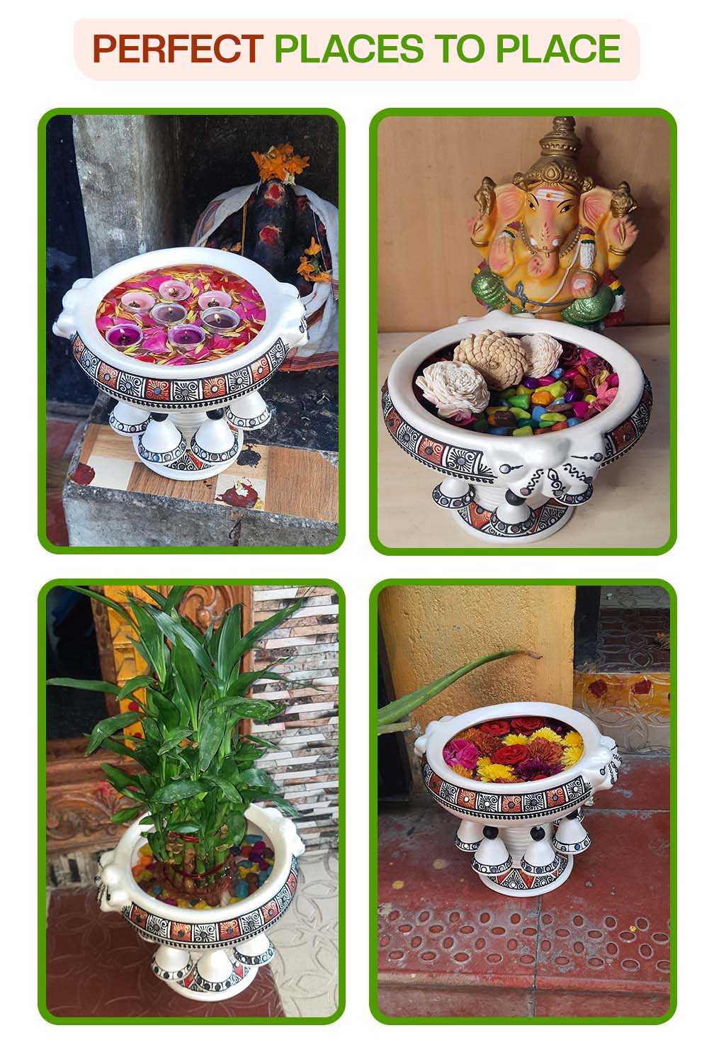 Creative ways to decorate with a terracotta urli used with candles, pebbles, flowers, and plants at home entrances, pooja rooms, and garden spaces.