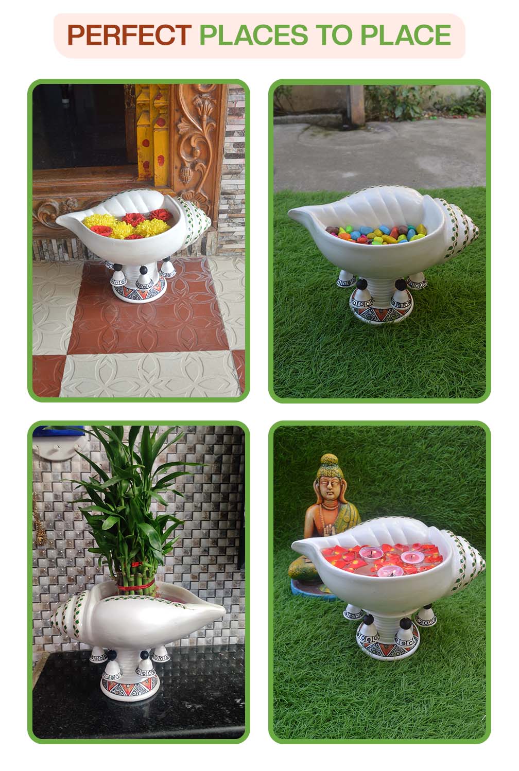 Creative ways to decorate with a terracotta Sangu urli used with candles, pebbles, flowers, and plants at home entrances, pooja rooms, and garden spaces.