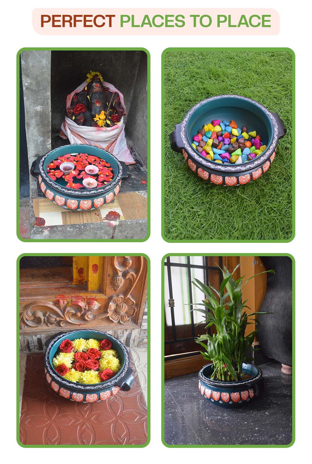Creative ways to decorate with a terracotta urli used with candles, pebbles, flowers, and plants at home entrances, pooja rooms, and garden spaces.