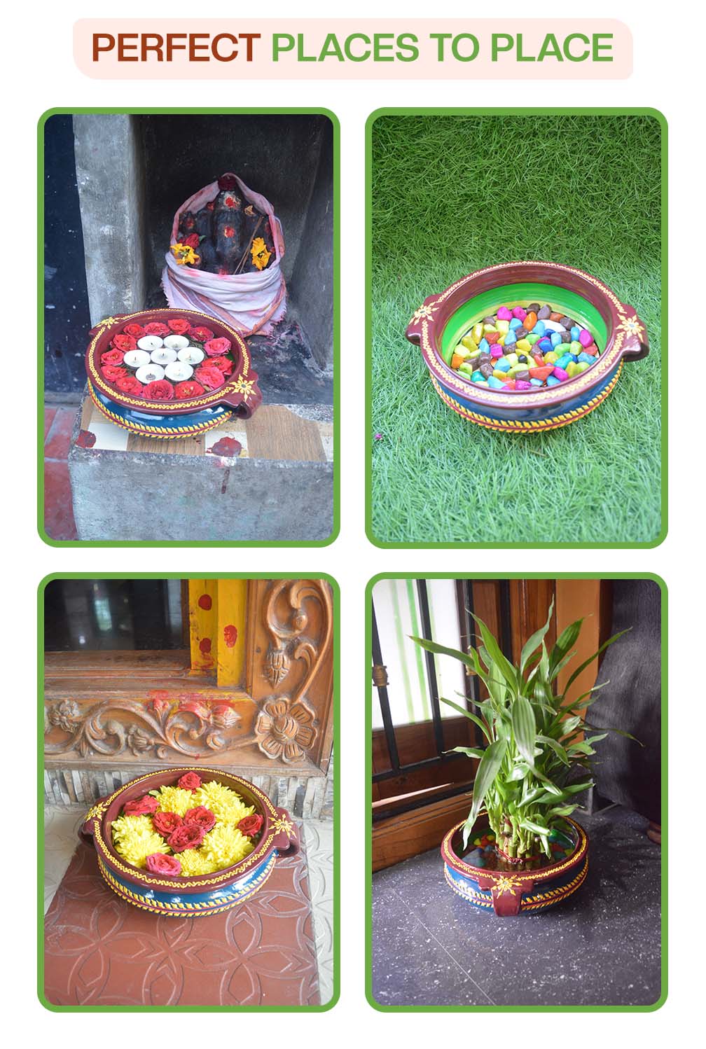 Creative ways to decorate with a terracotta urli used with candles, pebbles, flowers, and plants at home entrances, pooja rooms, and garden spaces.