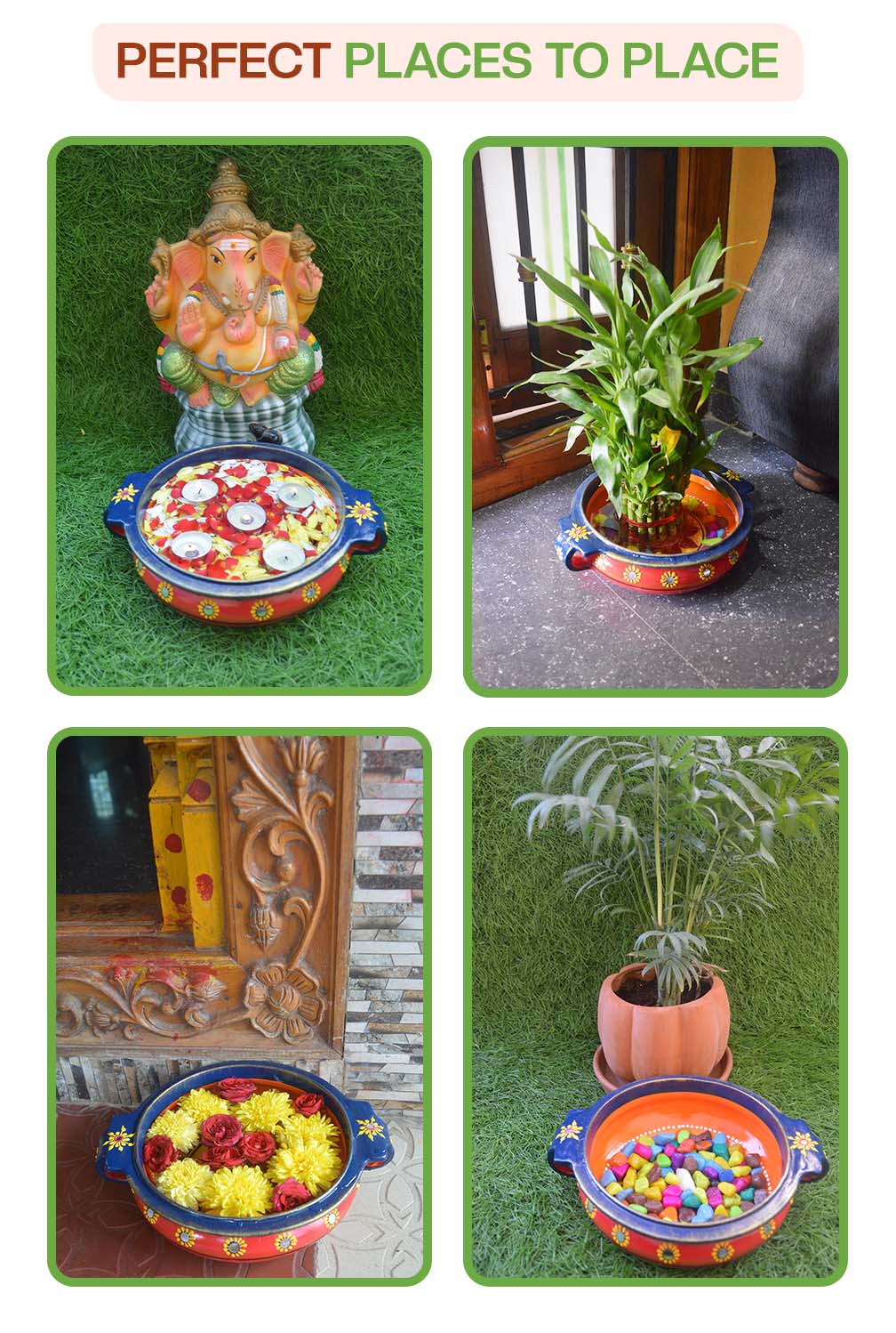 Creative ways to decorate with a terracotta urli used with candles, pebbles, flowers, and plants at home entrances, pooja rooms, and garden spaces.