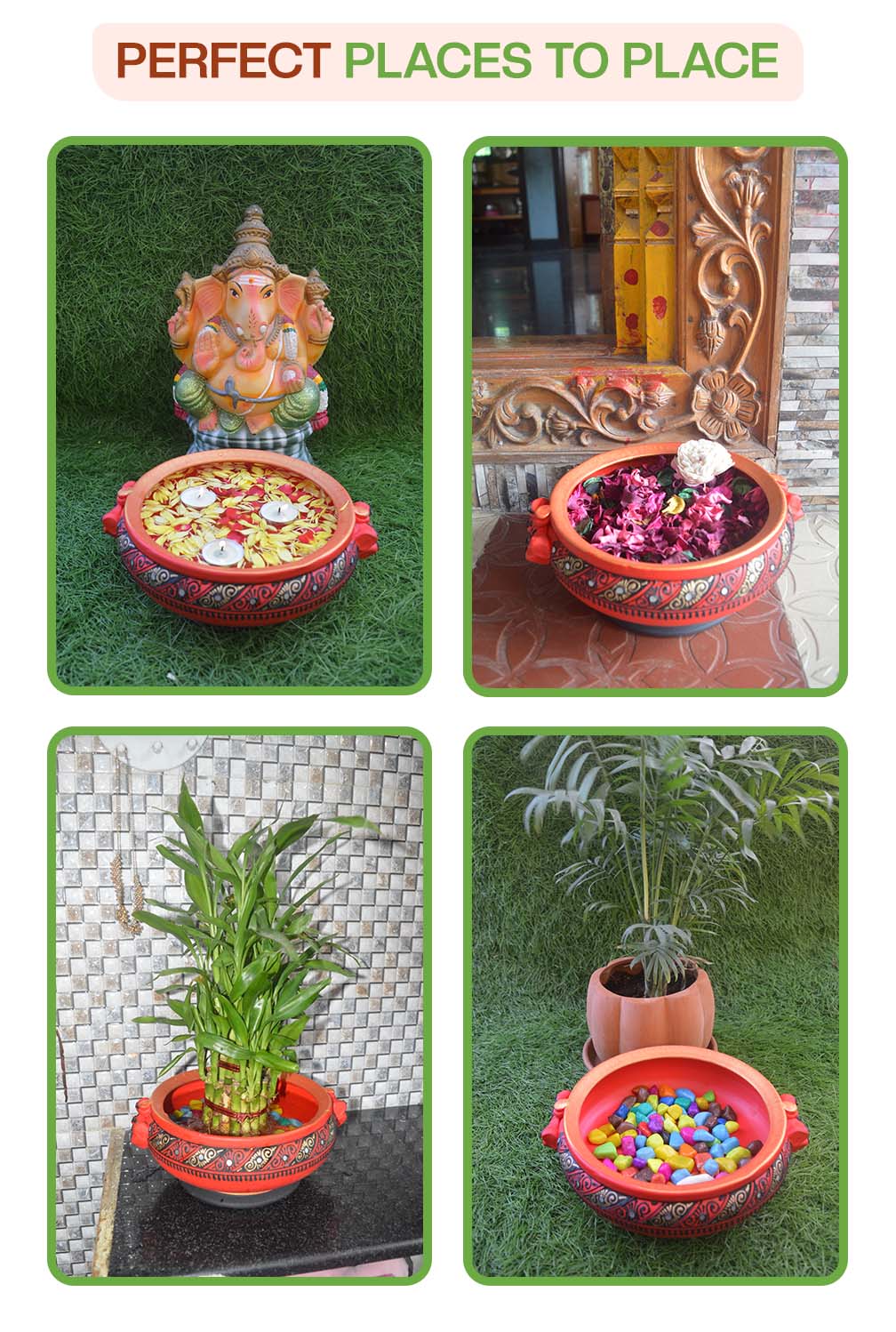 Creative ways to decorate with a terracotta urli used with candles, pebbles, flowers, and plants at home entrances, pooja rooms, and garden spaces.
