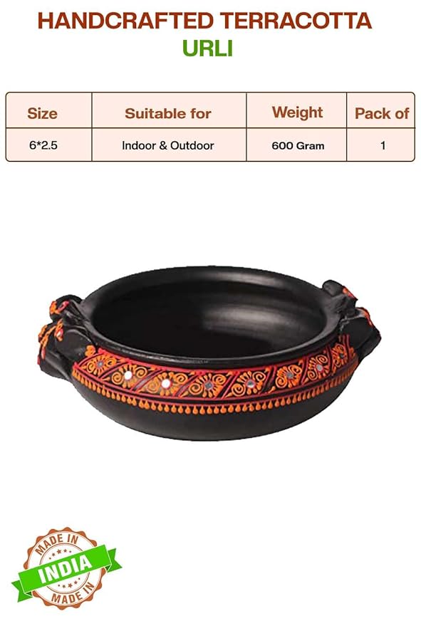 Handcrafted Terracotta urli with product details showing size, suitable for indoor and outdoor use, pack of details.
