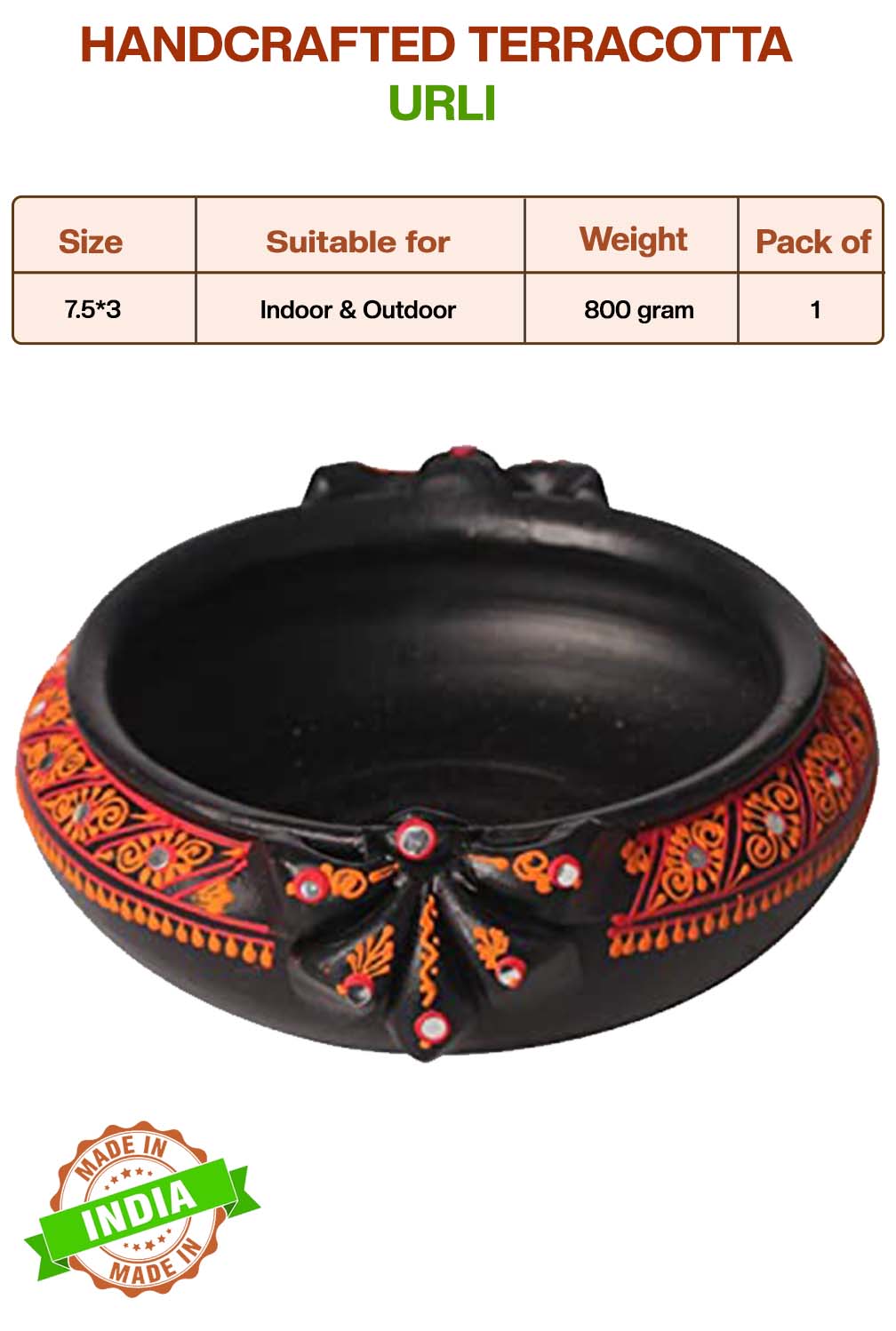 Handcrafted Terracotta urli with product details showing size, suitable for indoor and outdoor use, pack of details.