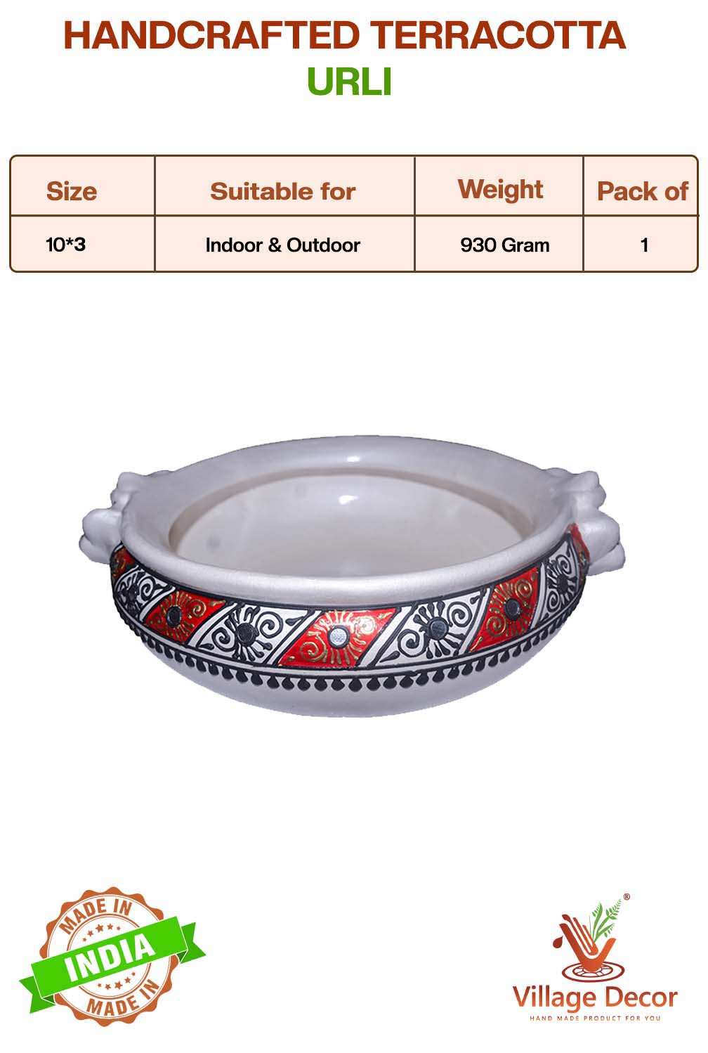 Handcrafted Terracotta urli with product details showing size, suitable for indoor and outdoor use, pack of details.
