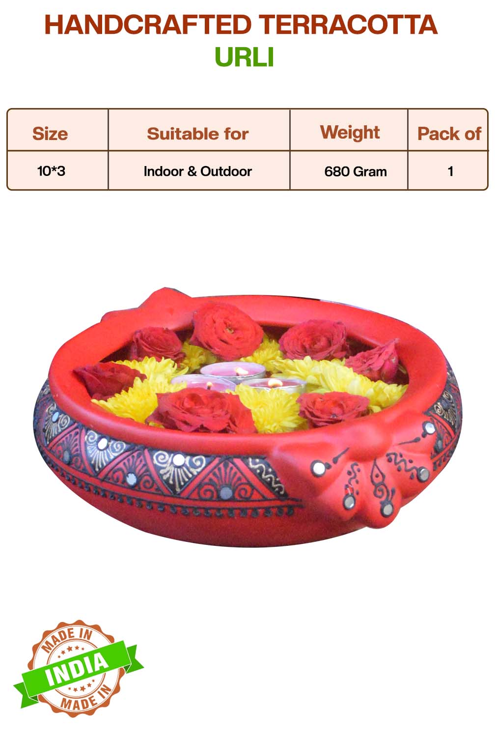 Handcrafted Terracotta urli with product details showing size, suitable for indoor and outdoor use, pack of details.