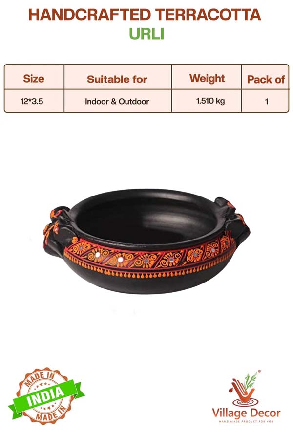 Handcrafted Terracotta urli with product details showing size, suitable for indoor and outdoor use, pack of details.