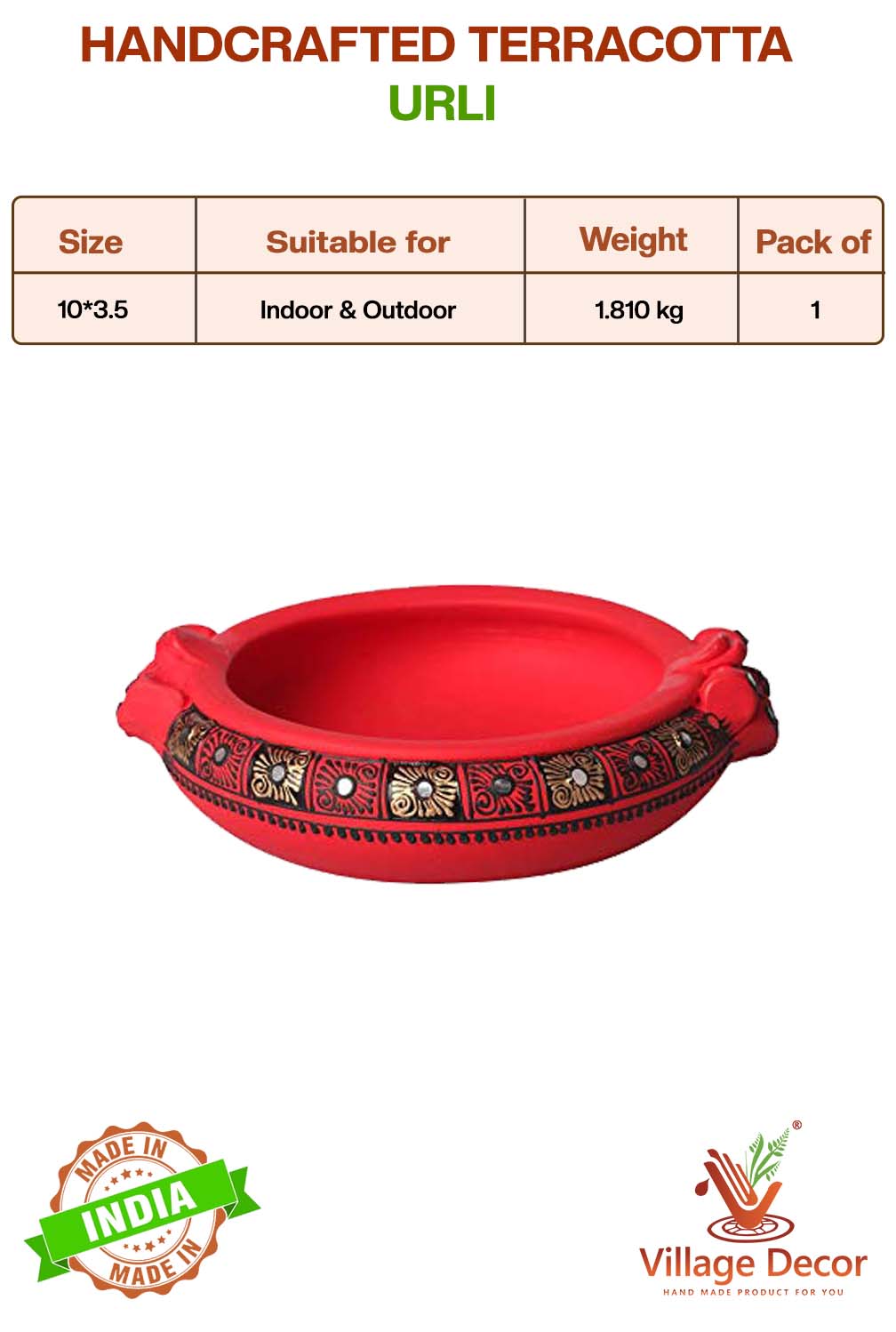 Handcrafted Terracotta urli with product details showing size, suitable for indoor and outdoor use, pack of details.