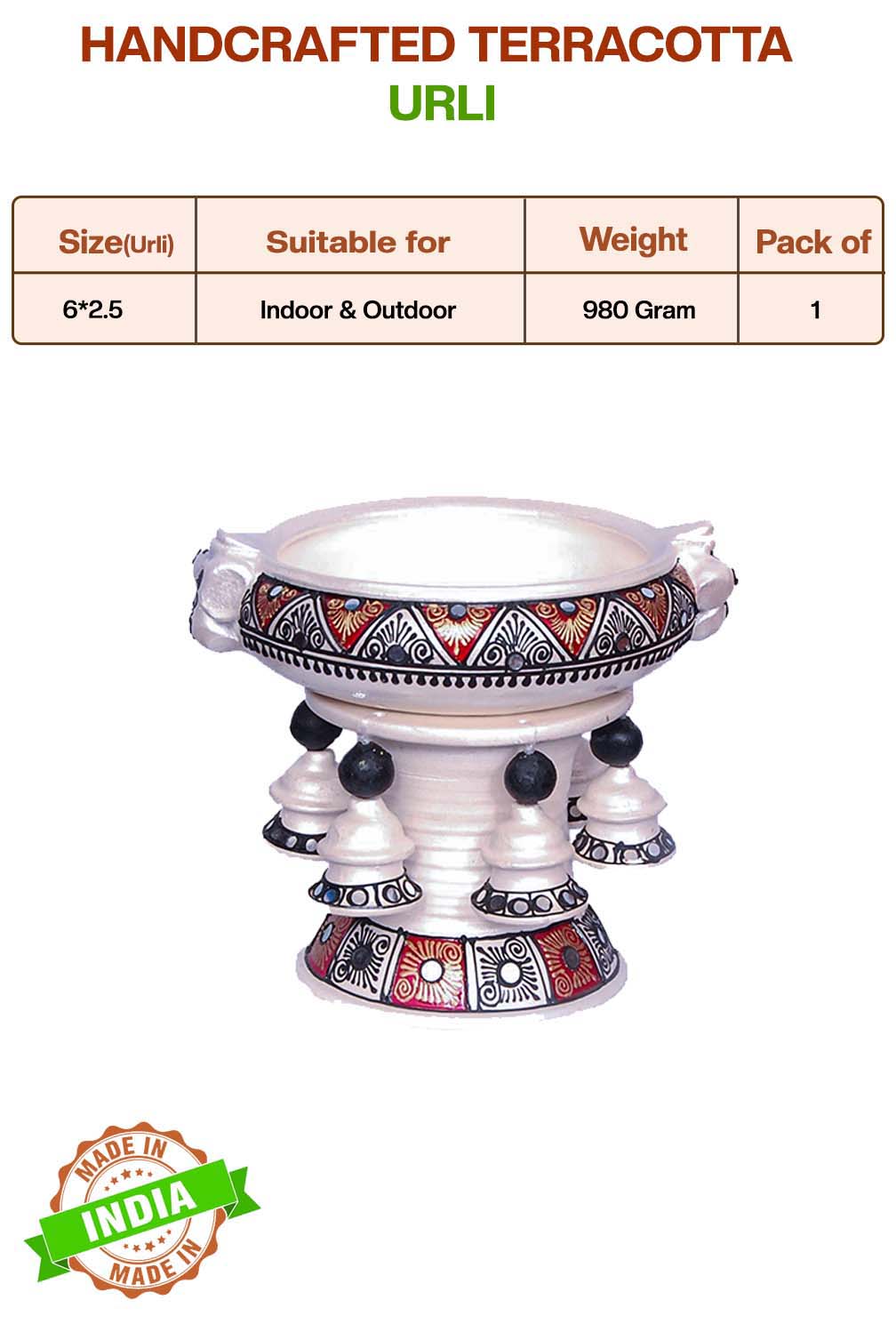 Handcrafted Terracotta urli with product details showing size, suitable for indoor and outdoor use, pack of details.