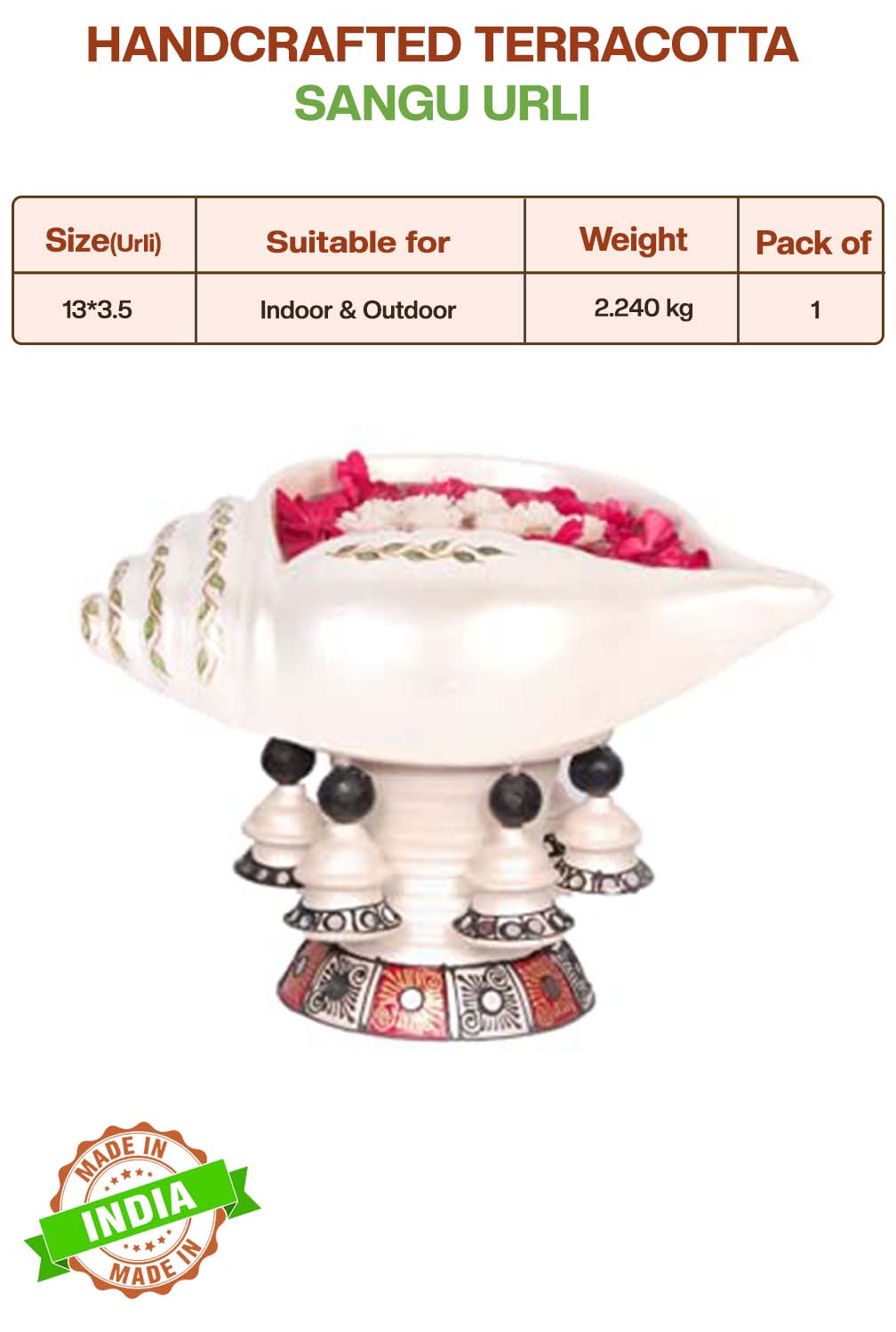 Handcrafted Terracotta Sangu urli with product details showing size, suitable for indoor and outdoor use, pack of details.
