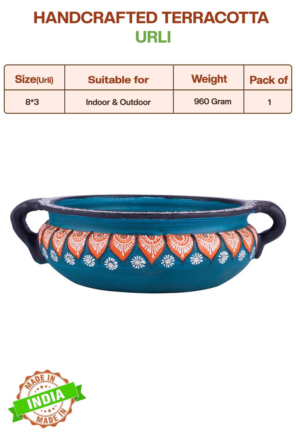 Handcrafted Terracotta urli with product details showing size, suitable for indoor and outdoor use, pack of details.