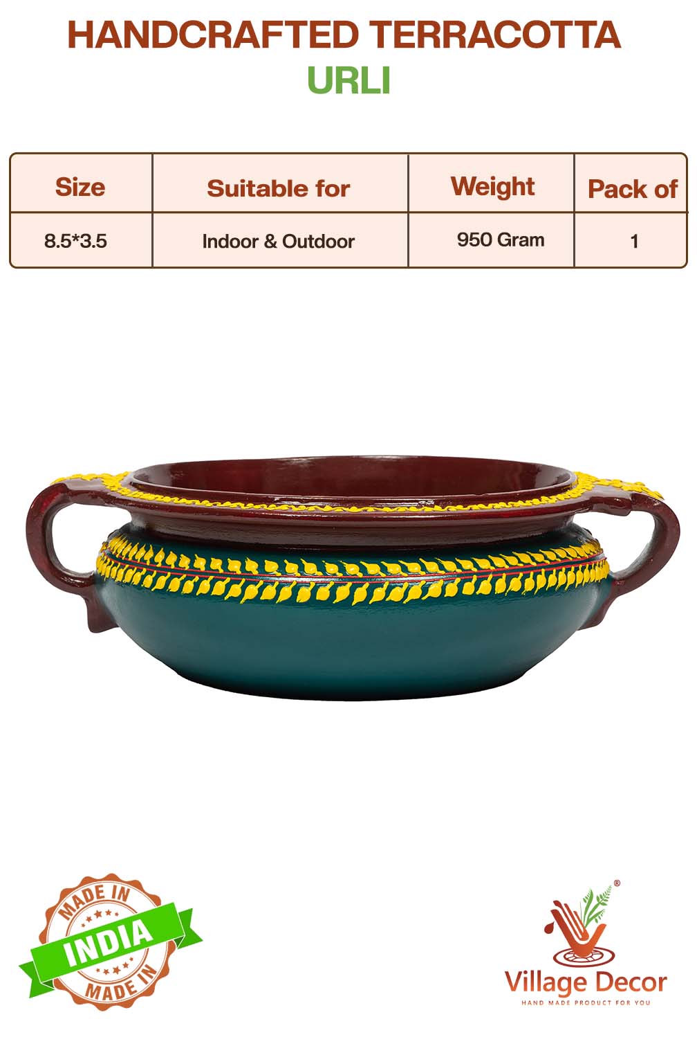 Handcrafted Terracotta urli with product details showing size, suitable for indoor and outdoor use, pack of details.