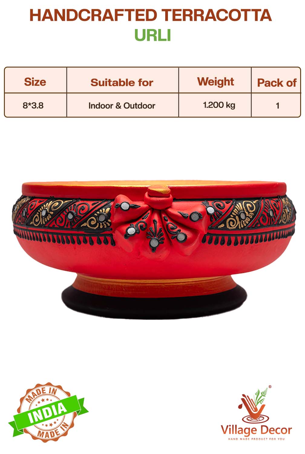 Handcrafted Terracotta urli with product details showing size, suitable for indoor and outdoor use, pack of details.