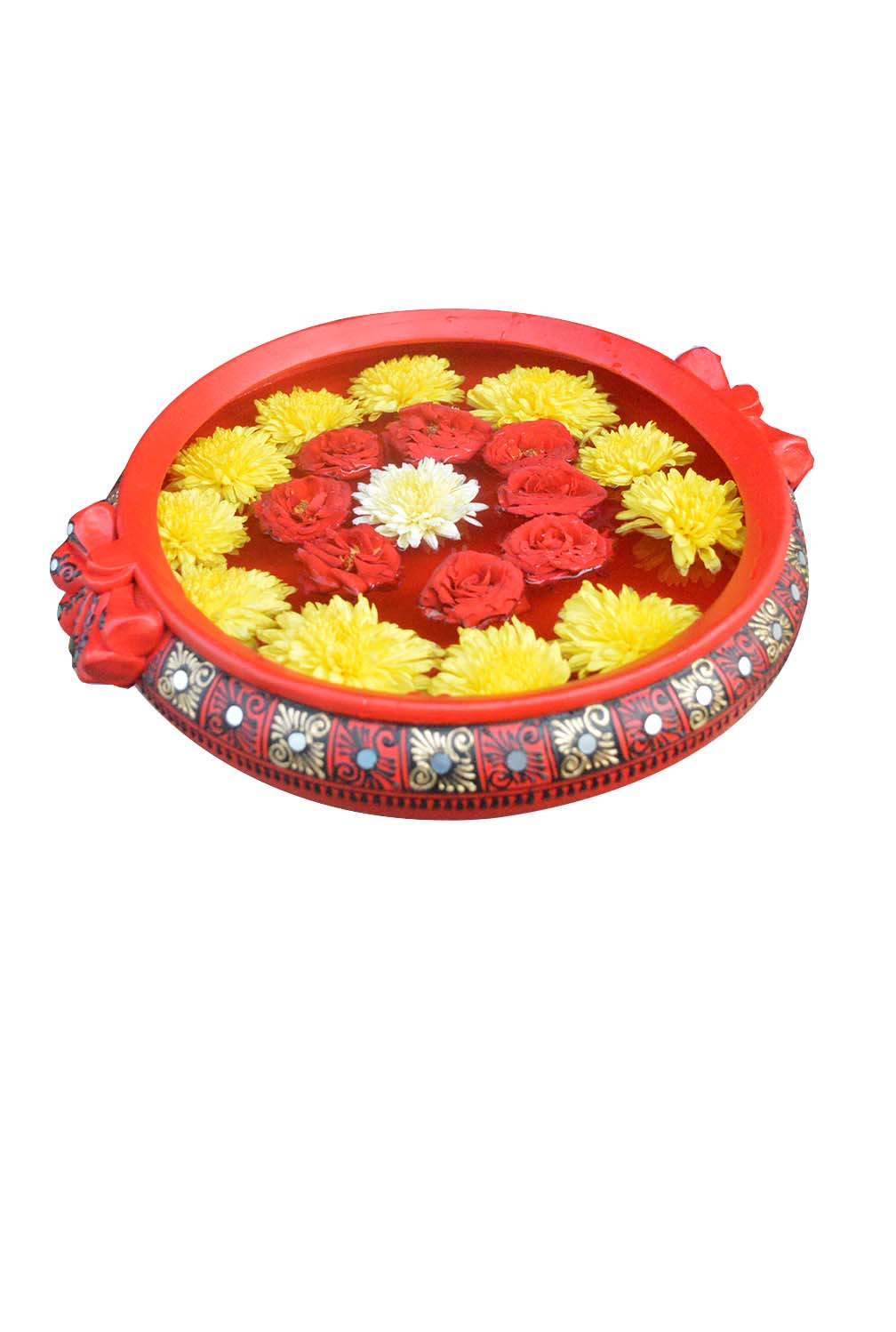 Top view of a colorful handpainted terracotta urli with floral art, placed on a white background, ideal for festive decor or pooja setups.