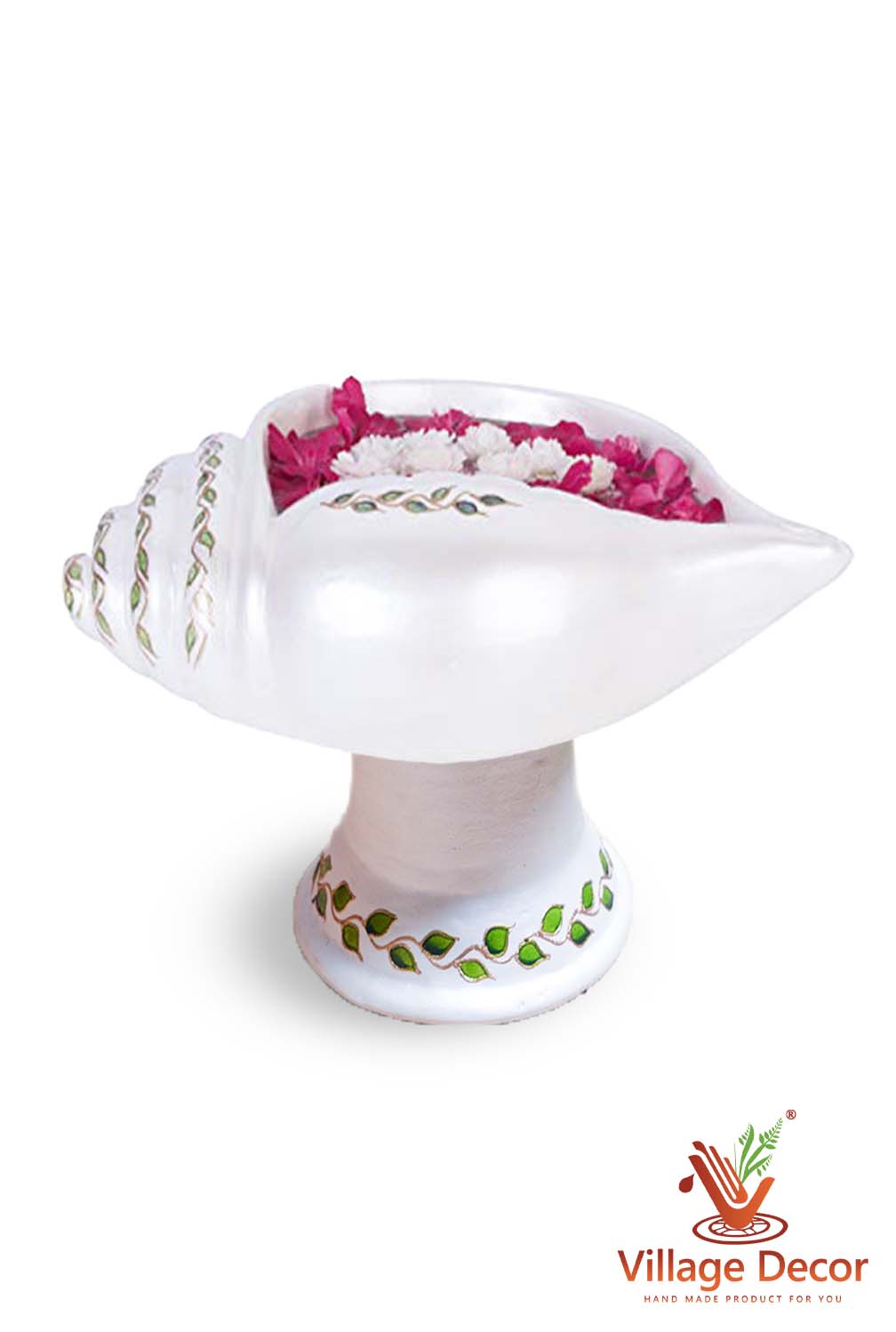 Top view of a colorful handpainted terracotta  Sangu urli with floral art, placed on a white background, ideal for festive decor or pooja setups.