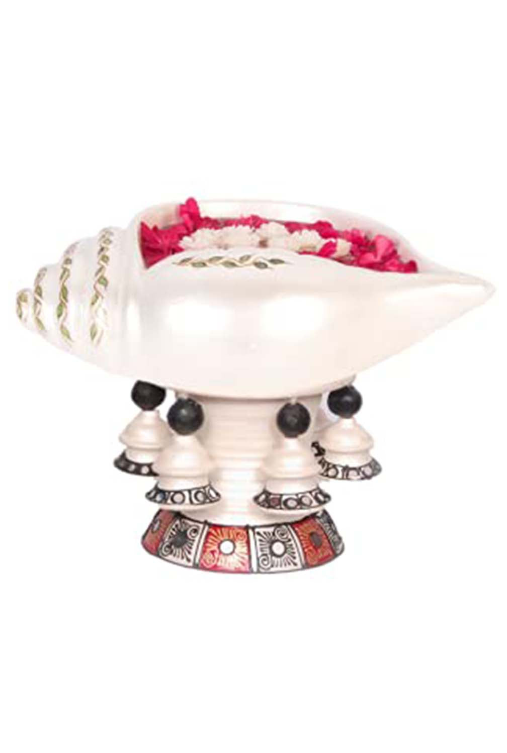 Top view of a colorful handpainted terracotta Sangu urli, placed on a white background, ideal for festive decor or pooja setups.