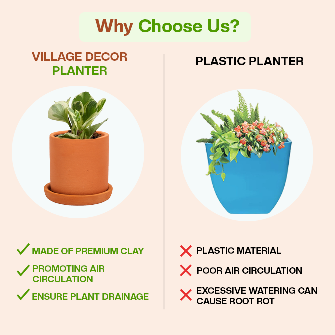 Comparison Between Village Decor Terracotta Planter Pots And Plastic Planter, Highlighting Benefits Like Air Circulation, Drainage, And Clay Material Over Plastic Drawbacks.