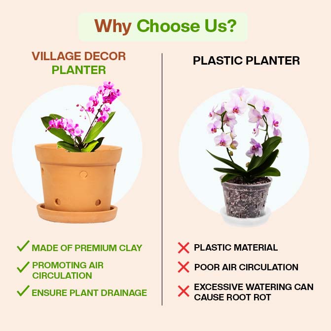 Comparison Between Village Decor Terracotta Planter Pots And Plastic Planter, Highlighting Benefits Like Air Circulation, Drainage, And Clay Material Over Plastic Drawbacks.