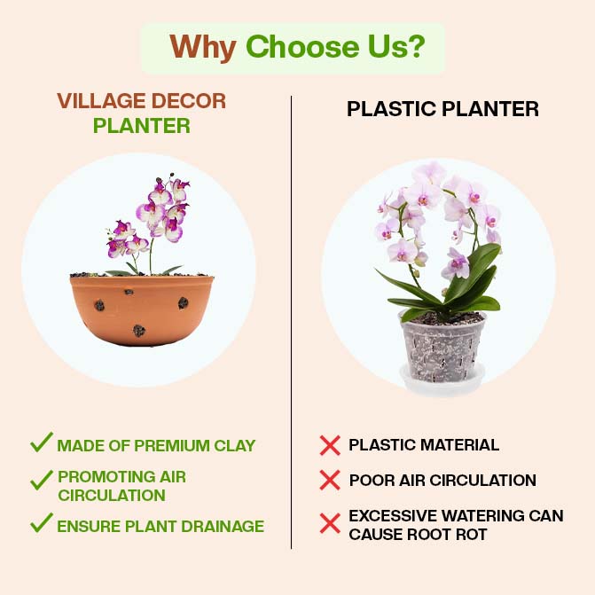 Comparison Between Village Decor Terracotta Planter Pots And Plastic Planter, Highlighting Benefits Like Air Circulation, Drainage, And Clay Material Over Plastic Drawbacks.