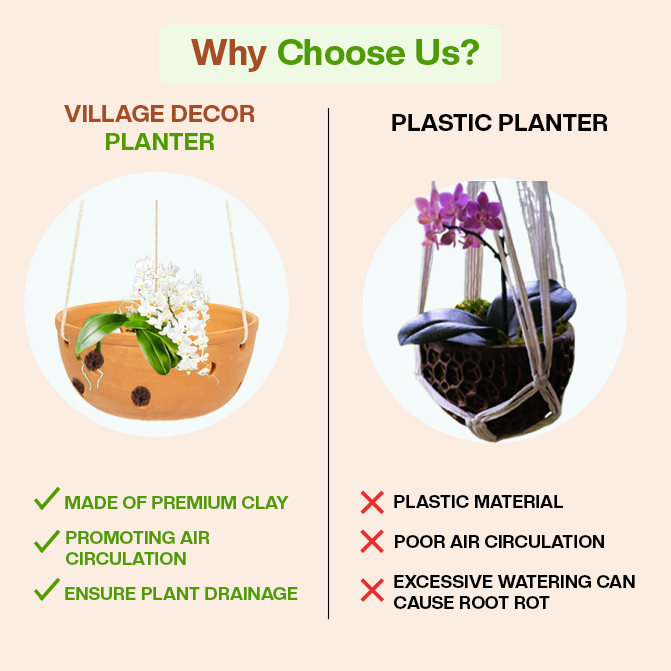 Comparison Between Village Decor Terracotta Planter Pots And Plastic Planter, Highlighting Benefits Like Air Circulation, Drainage, And Clay Material Over Plastic Drawbacks.