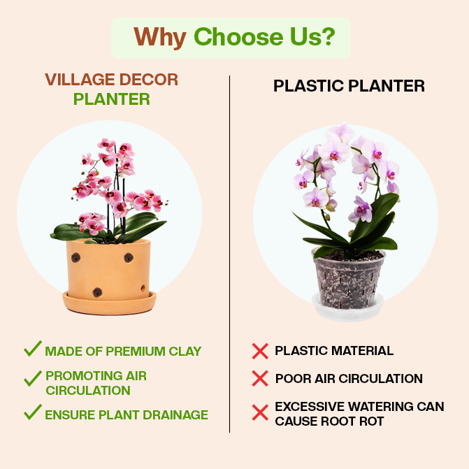 Comparison Between Village Decor Terracotta Planter Pots And Plastic Planter, Highlighting Benefits Like Air Circulation, Drainage, And Clay Material Over Plastic Drawbacks.