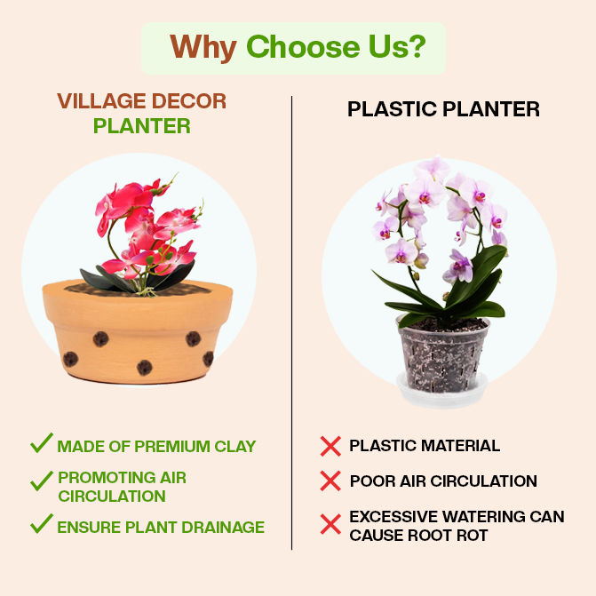 Comparison Between Village Decor Terracotta Planter Pots And Plastic Planter, Highlighting Benefits Like Air Circulation, Drainage, And Clay Material Over Plastic Drawbacks.