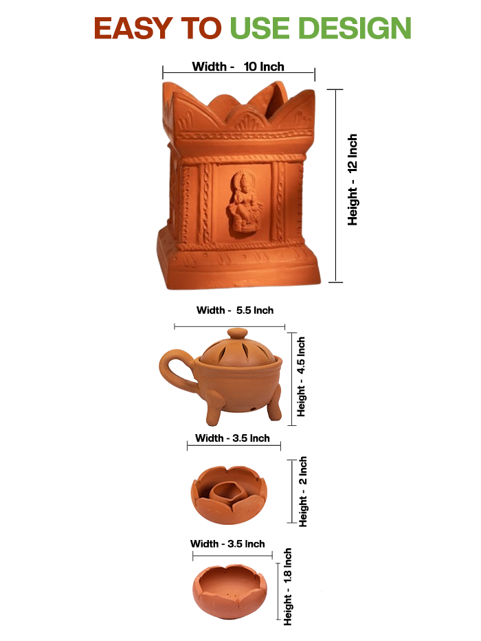 Dimension view of clay pooja essentials set with measurements of incense holder, lotus lamp, and agarbatti stand