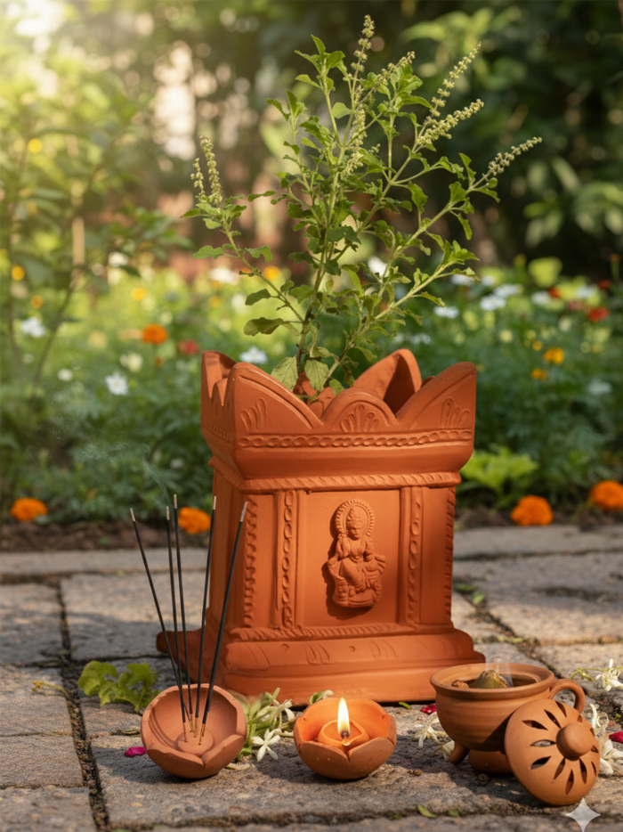 Lifestyle view of everyday pooja essentials combo with clay lotus lamp, incense holder, agarbatti stand and Tulsi Pot in a traditional home worship setup.