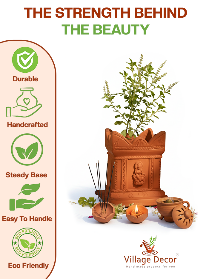Handmade terracotta pooja set features infographic showing durability, stability, and artisan craftsmanship