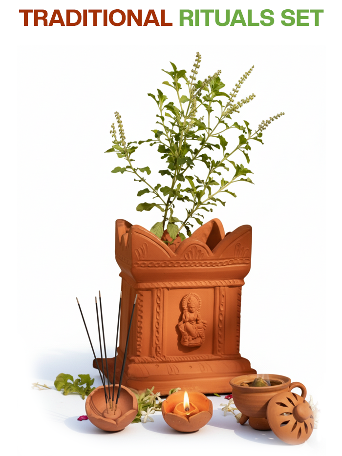 Handcrafted clay pooja set including lotus lamp, incense holder, and stand on white backdrop