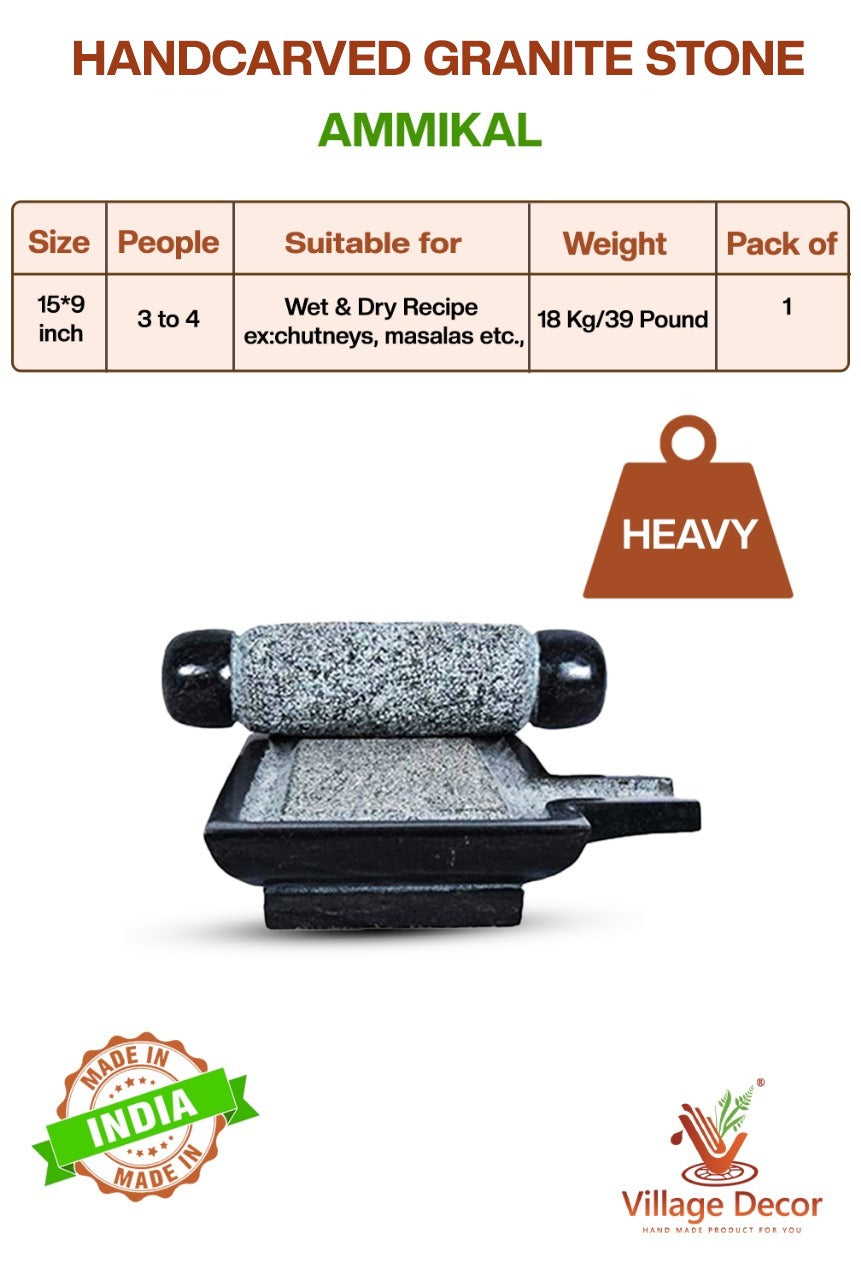 Granite Polished Sil Batta | Ammikallu:100% Natural, Flavourful Cooking, Mortar & Pestle (L x B = 15 x 9)