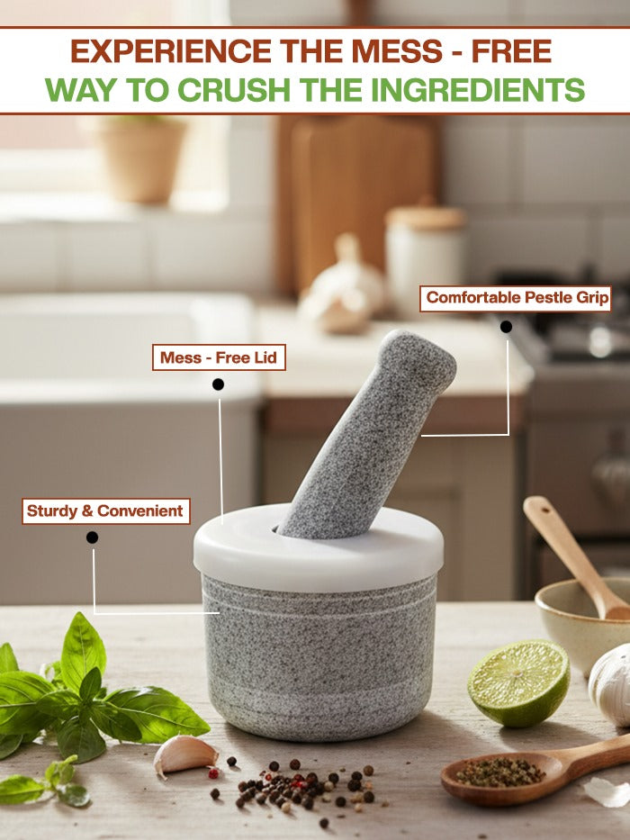 Traditional Unpolished Black Stone Mortar and Pestle Set with lid for mess free grinding and storage - 5 Inch | Stone Ginger Garlic Crusher | Handmade Hamam Dasta