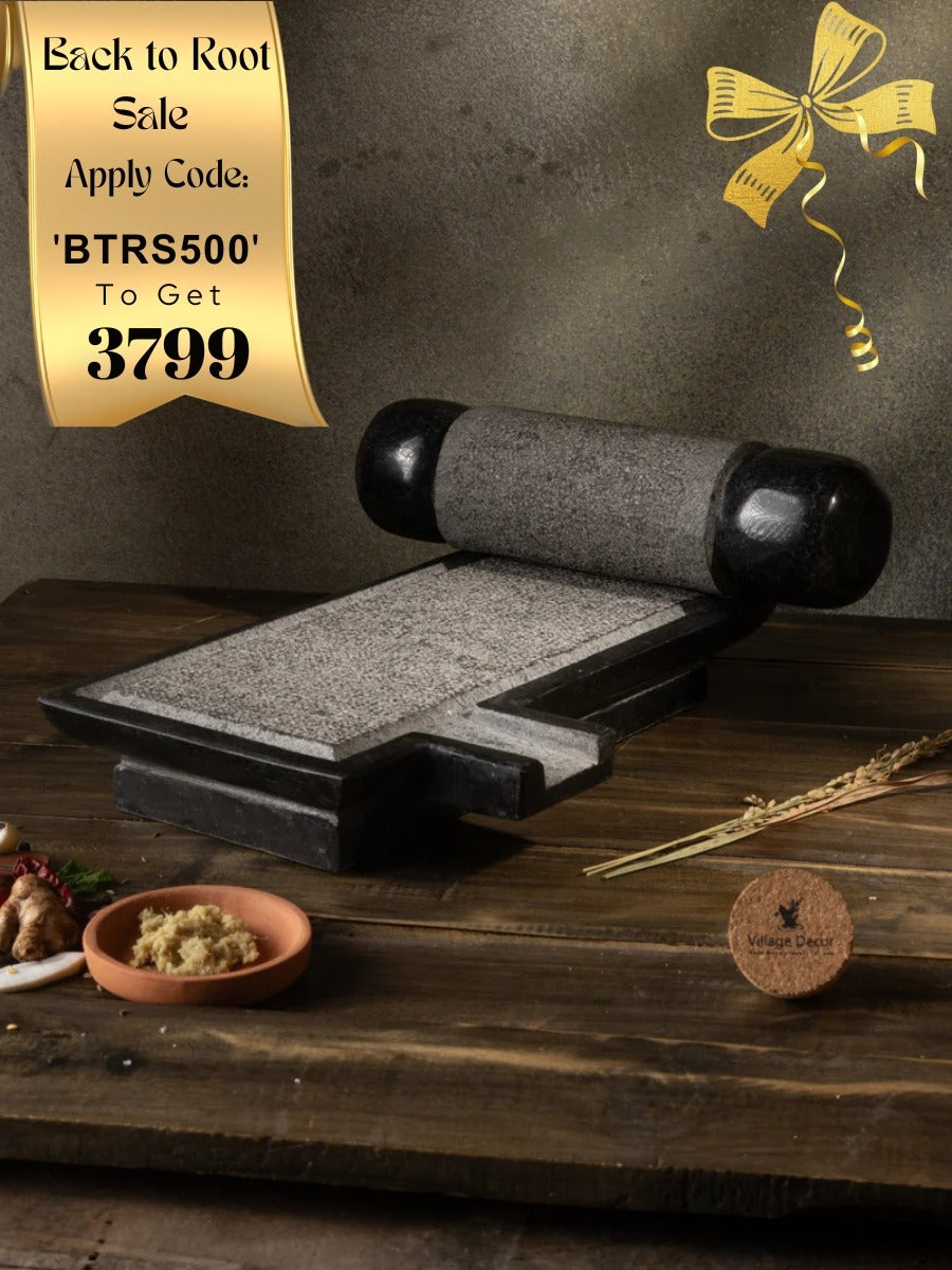 Granite Polished Sil Batta | Ammikallu:100% Natural, Flavourful Cooking, Mortar & Pestle (L x B = 15 x 9)
