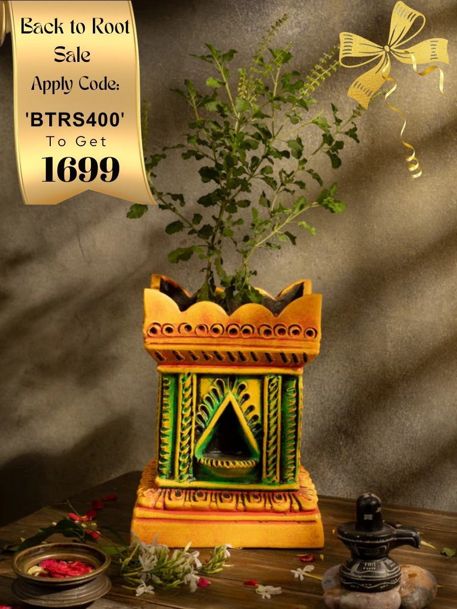 Terracotta Gardening Brindavan Tulsi Pot with Drainage Hole at Bottom | Tulsi Vrindavan for Balcony, Porch, Garden, Roof Planter(B * H - 8 * 11.5 inch)