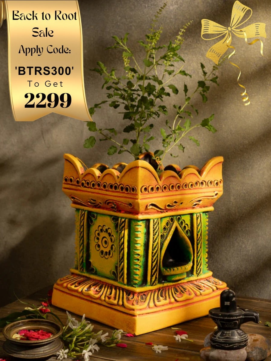 Terracotta Gardening Brindavan Tulsi Pot with Drainage Hole at Bottom | Tulsi Vrindavan for Balcony, Porch, Garden, Roof Planter (B * H - 9 * 12 Inch)