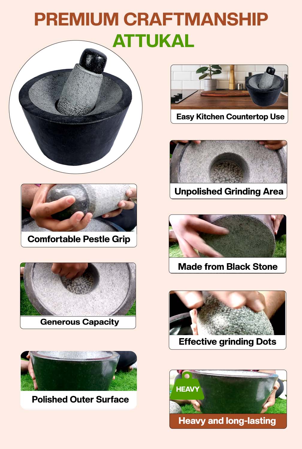 Black Stone Polished Attukal | Rubbu Rollu | Mortar & Pestle (B*H -11 * 6 Inch)