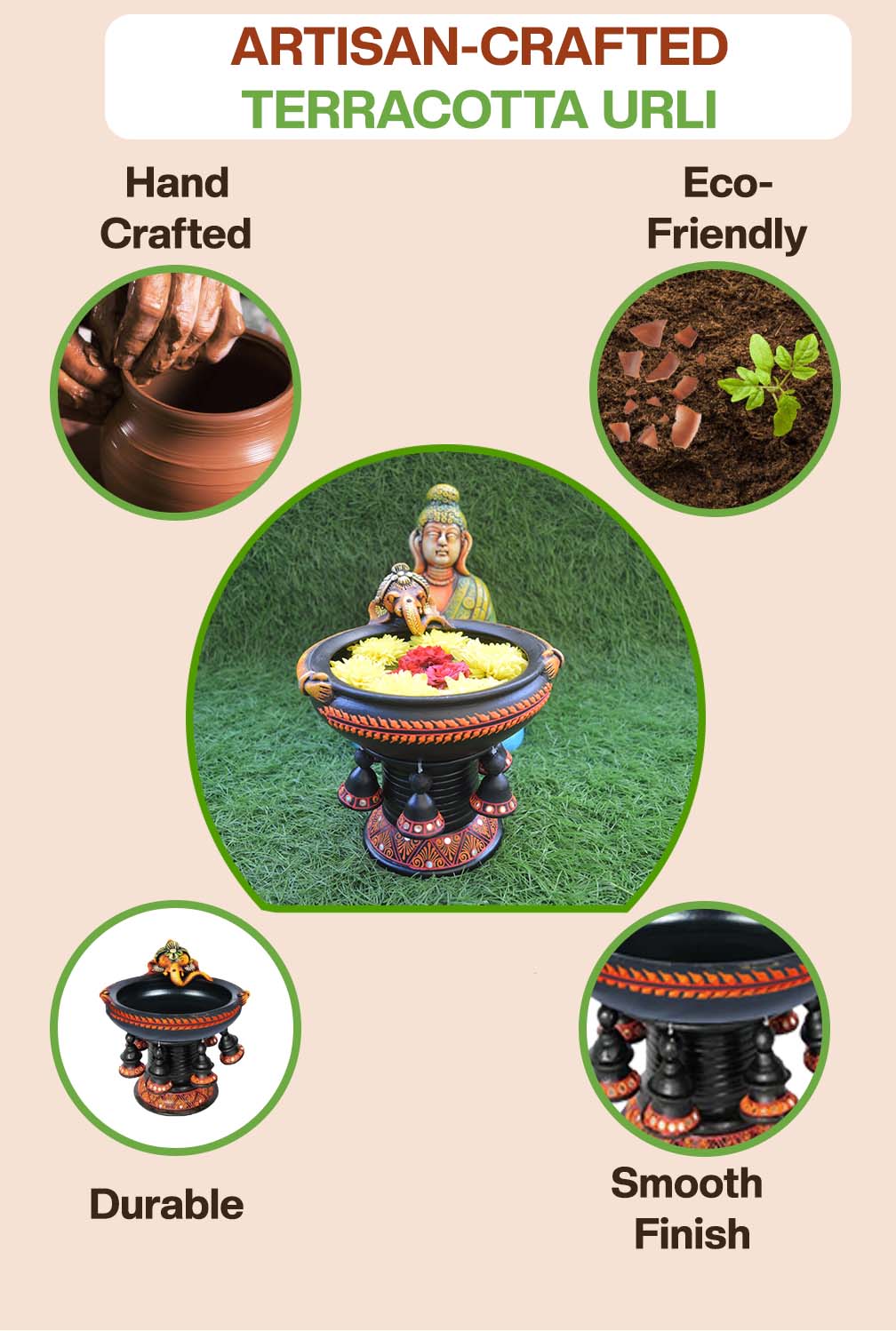 Handmade Terracotta Black Ganesha Decorative Urli Flower Pot with Stand