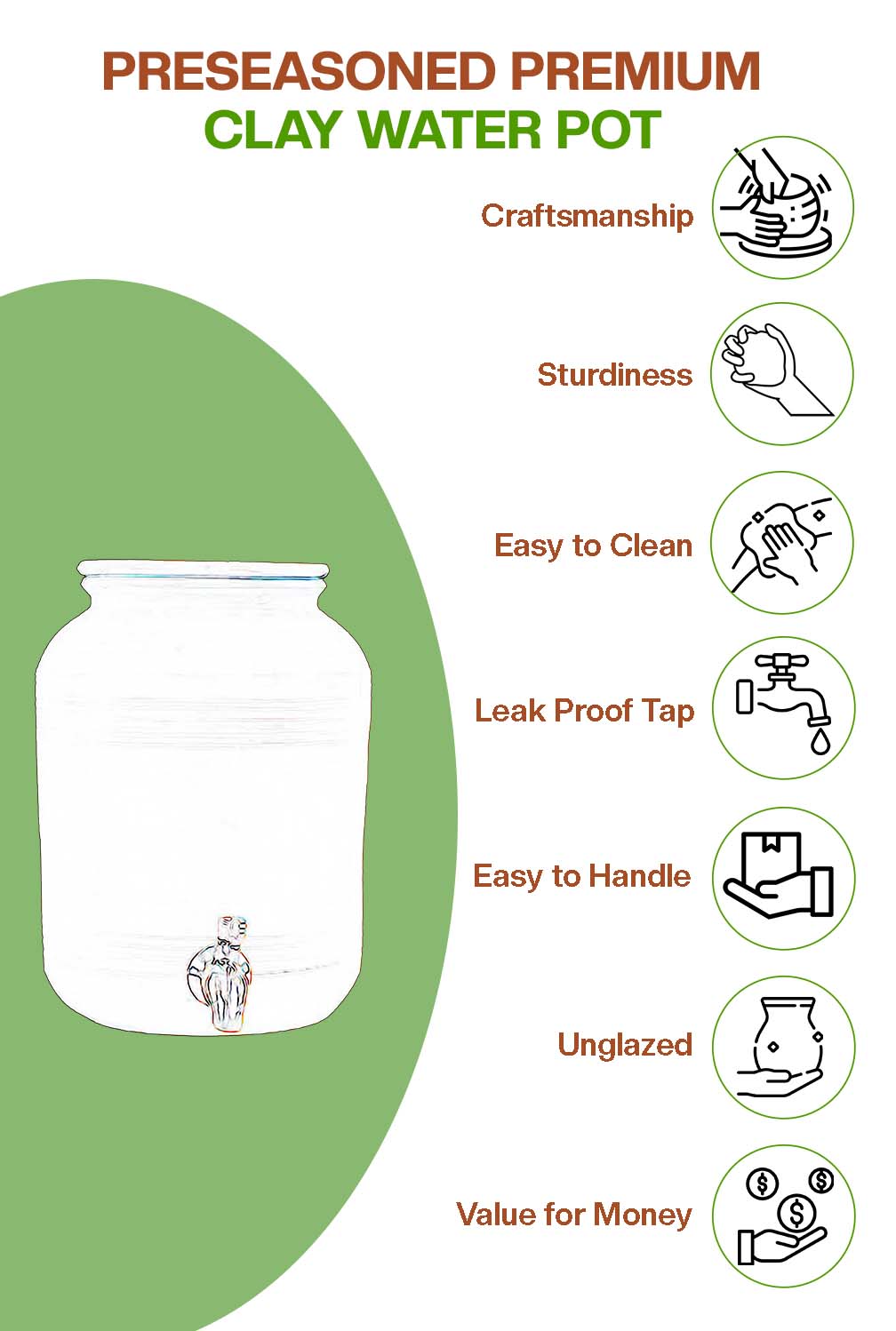 Village Decor Earthen Clay water pot with Lid & tap (Pre-seasoned) - 6000 ml