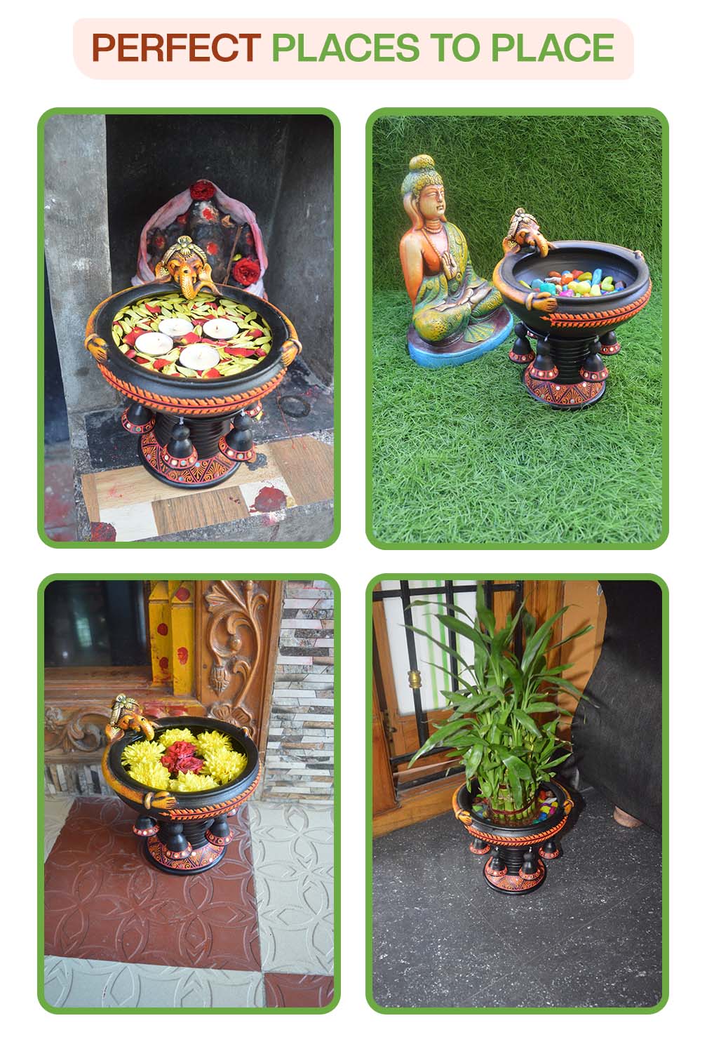 Handmade Terracotta Black Ganesha Decorative Urli Flower Pot with Stand