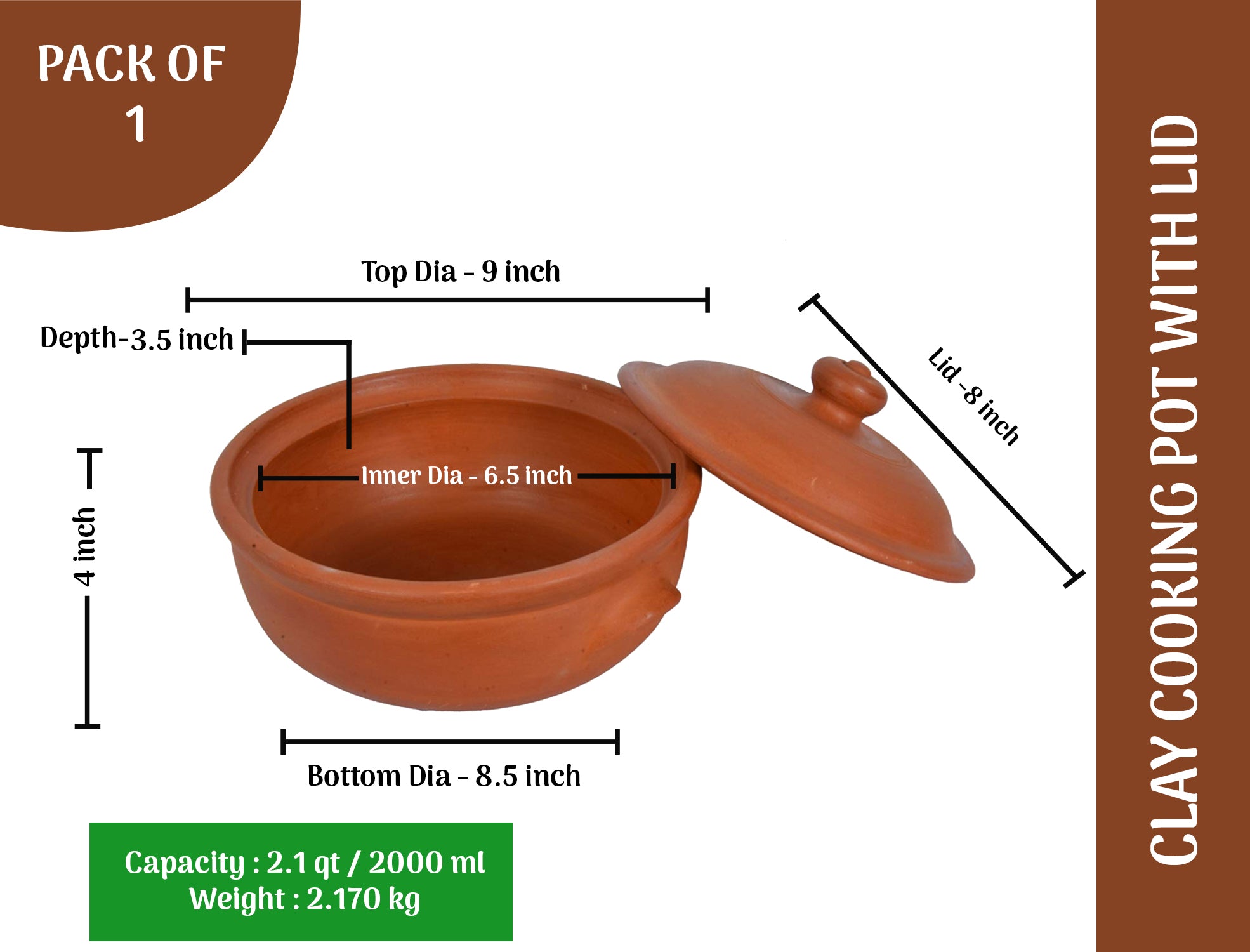 2000 Ml earthen clay cooking pot with lid, showing detailed dimensions including top diameter, bottom diameter, depth, and lid size.