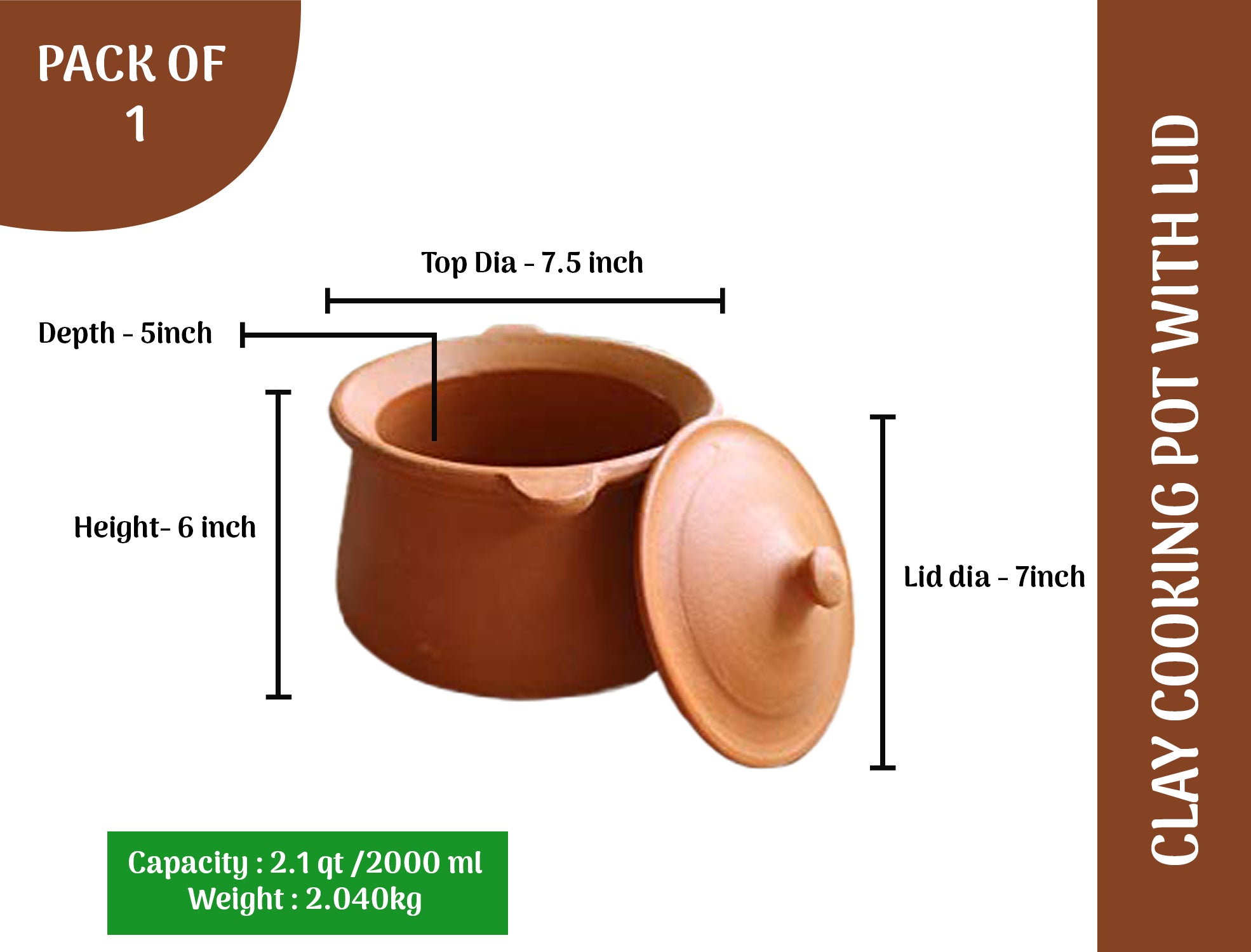 2000 ml earthen clay cooking pot with lid, showing detailed dimensions including top diameter, bottom diameter, depth, and lid size.