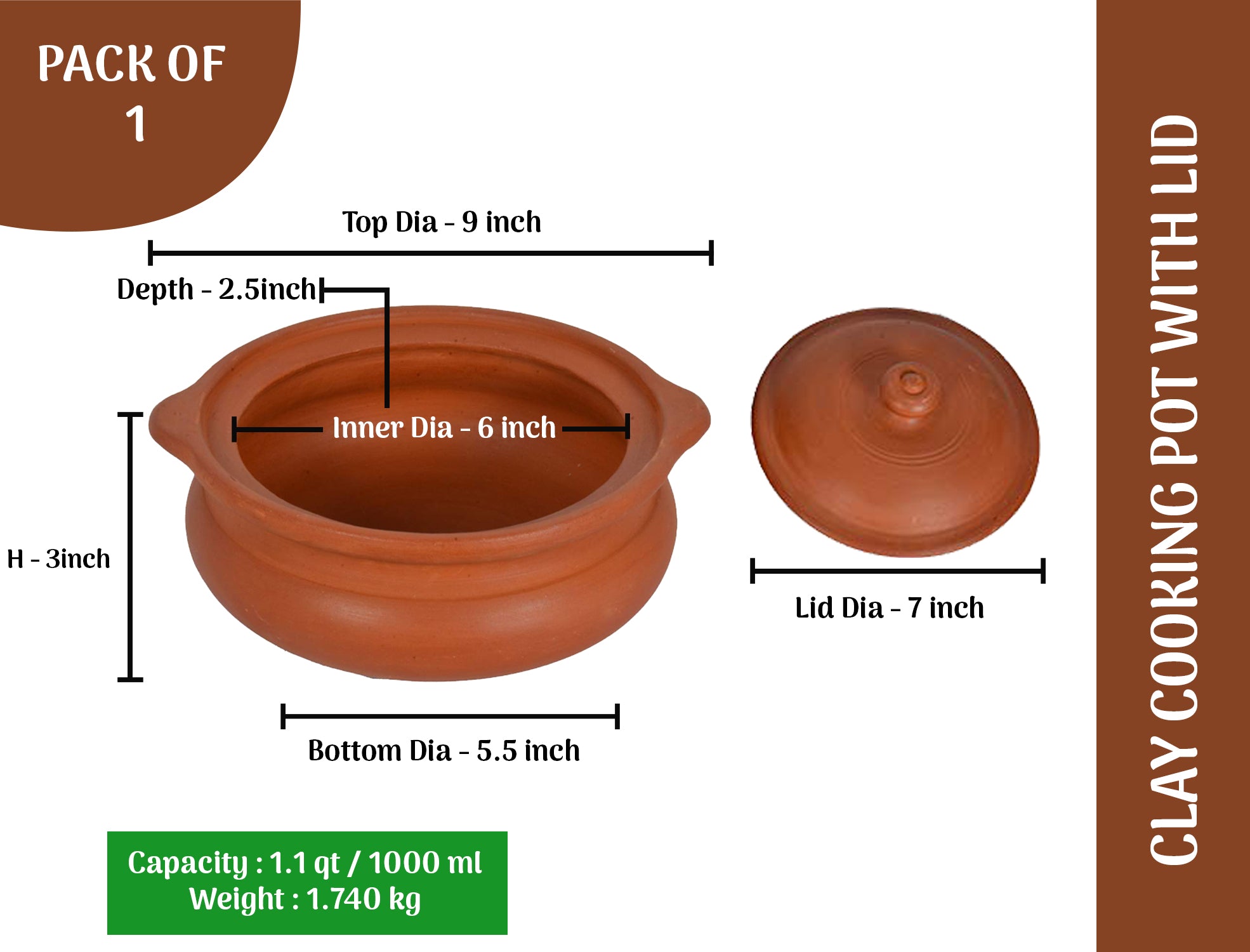 1000 ml earthen clay cooking pot with lid, showing detailed dimensions including top diameter, bottom diameter, depth, and lid size.